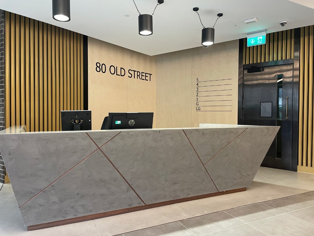 80 Old Street reception lobby with building name and floor directory