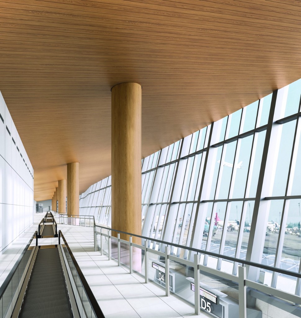 Airport walkway with wood-wrapped ceiling and columns