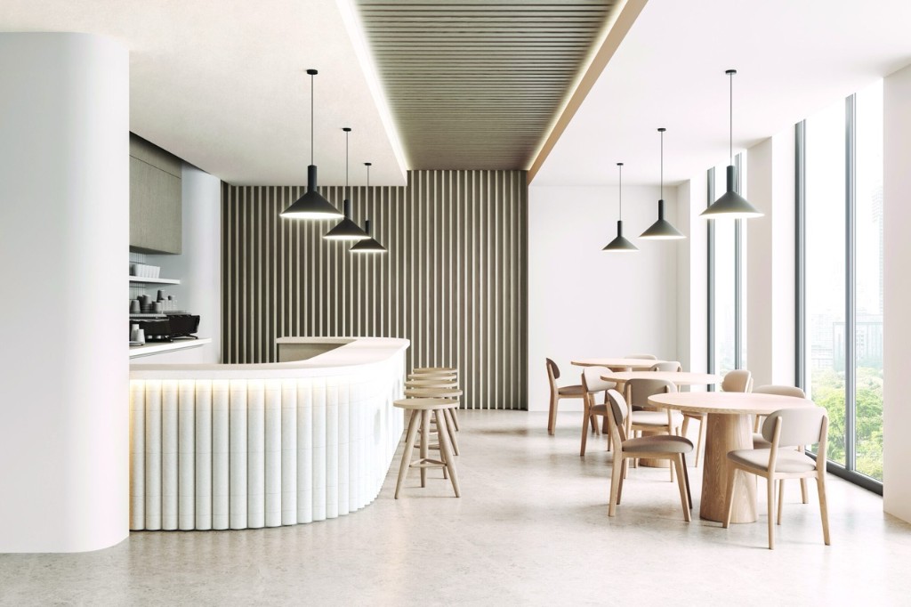 Cafe counter and tables finished with architectural wood wrap film