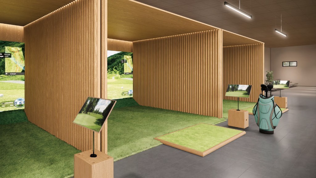 Wood-slat architectural wrap in an indoor golf simulator facility