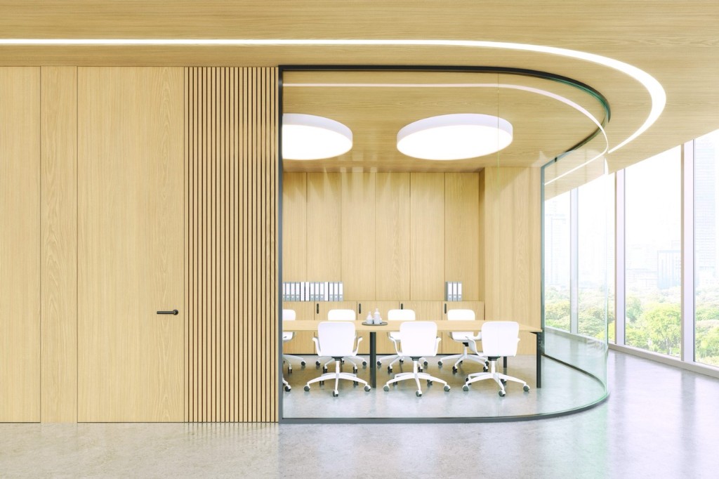 Meeting room walls, door and ceiling finished with wood wrap film