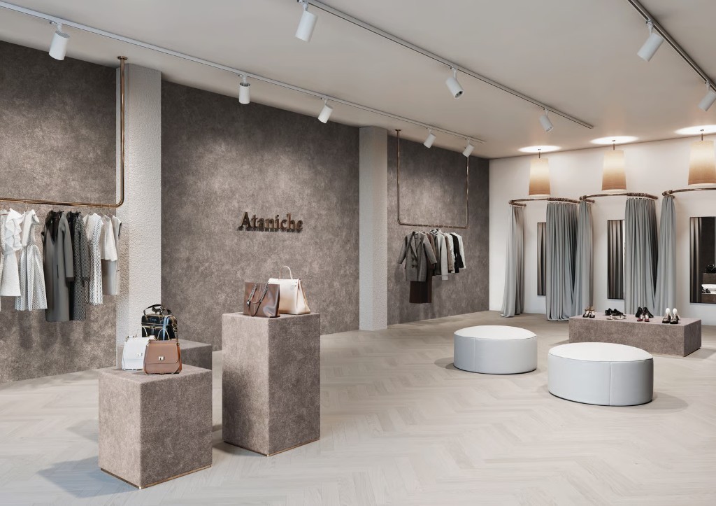 Ataniche boutique with textured architectural wrap on walls and plinths
