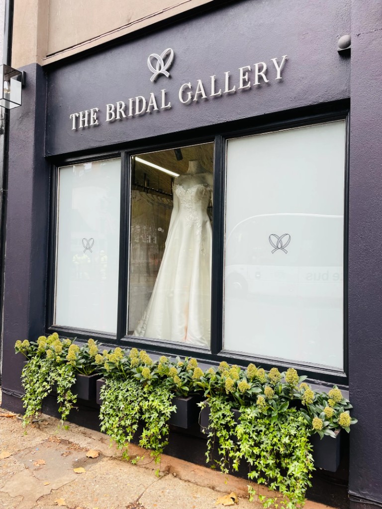 The Bridal Gallery storefront with fascia lettering and frosted window graphics