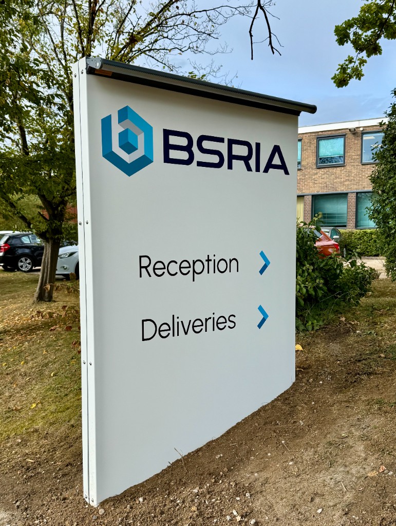 BSRIA reception and deliveries wayfinding totem with overhead lighting