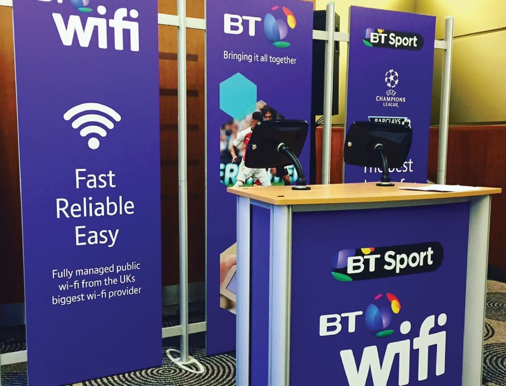 BT wifi and BT Sport branded exhibition stand with counter
