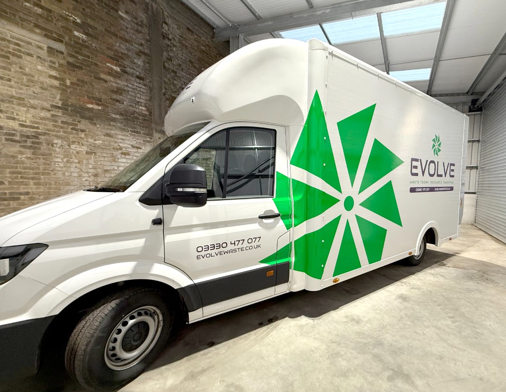 Evolve Waste box van with full-colour fleet branding and green pinwheel graphics