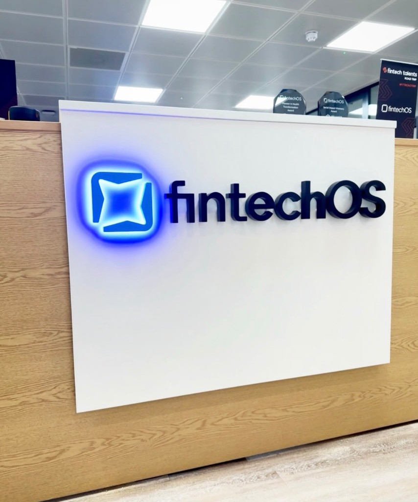 FintechOS reception sign with blue LED halo - Central London
