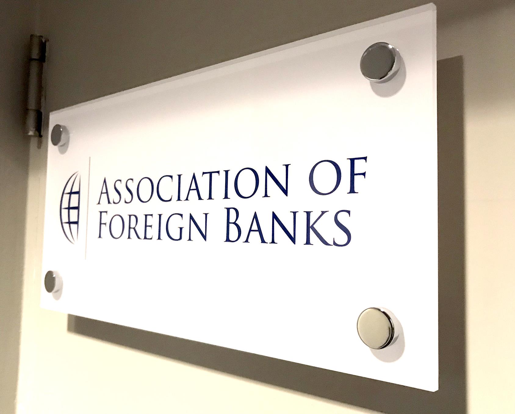 External Glass Panel Office Sign For Association of Foreign Banks London