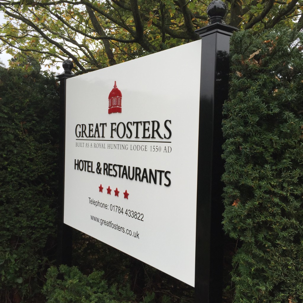 Great Fosters Hotel entrance post-and-panel sign