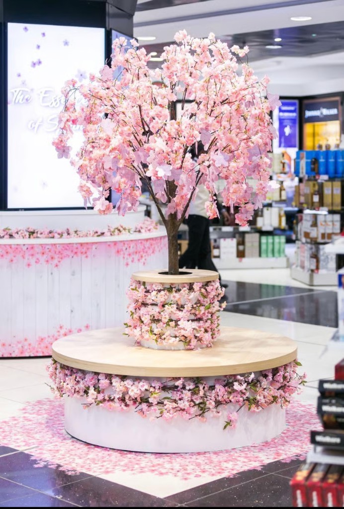 Cherry blossom experiential display in Heathrow duty free