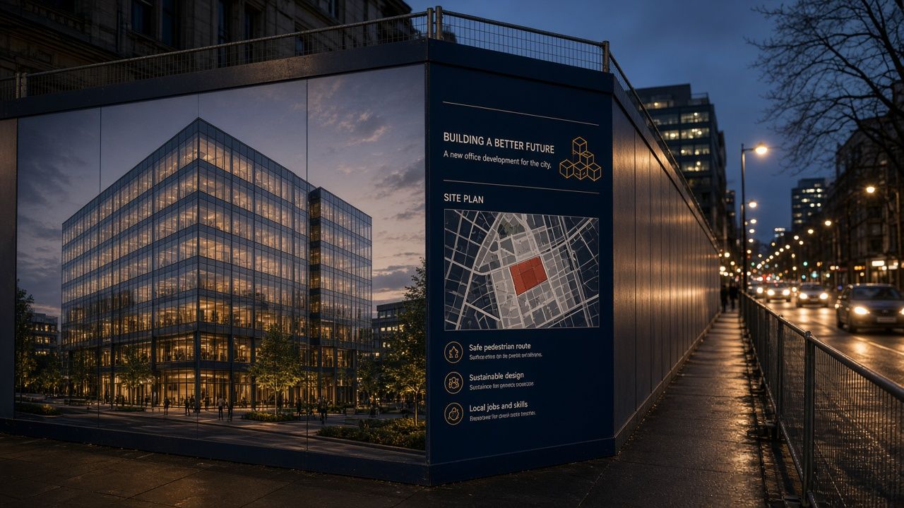 Corner-site hoarding graphics wrapping a development