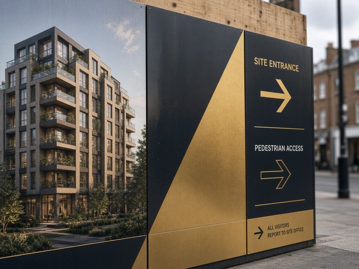 Close-up of printed hoarding panels on a development site