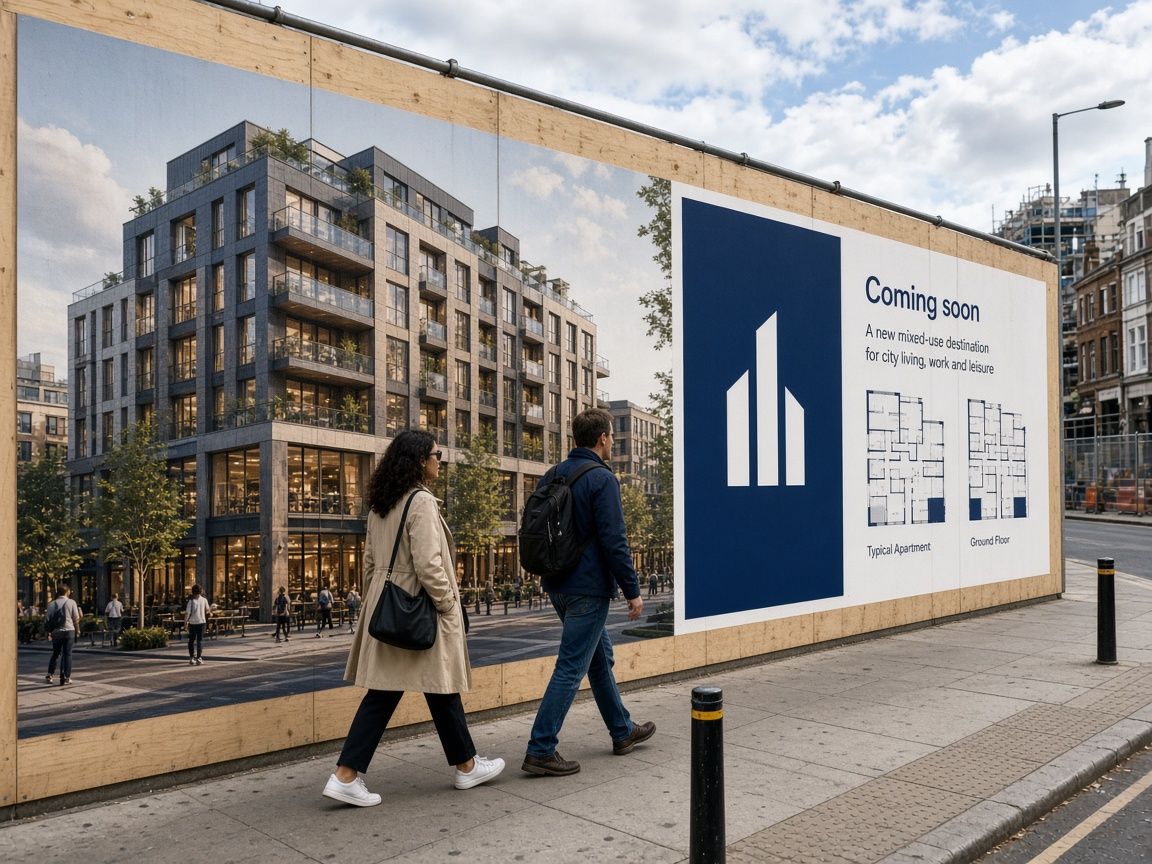 Printed construction hoarding graphics along a city street