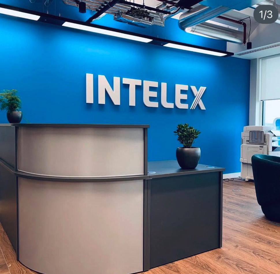 Intelex reception wall signage in Reading