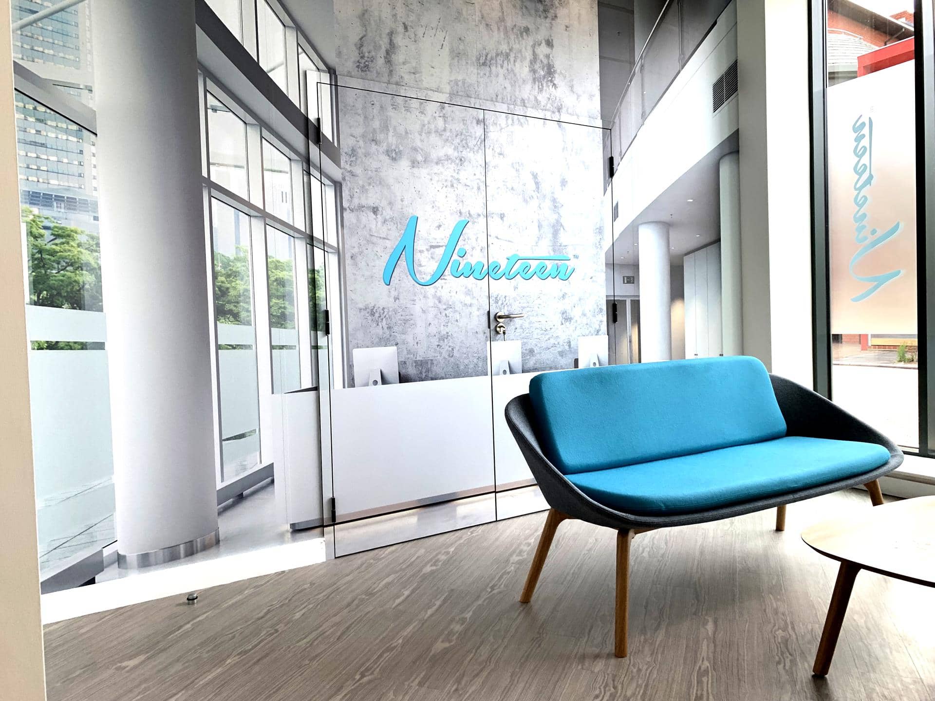 Interior office signage and reception graphics