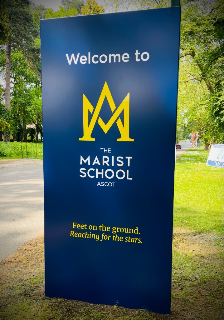 Welcome totem sign at The Marist School, Ascot