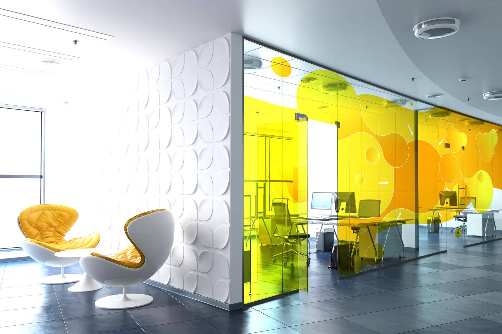 Office glass partitions with decorative privacy film applied