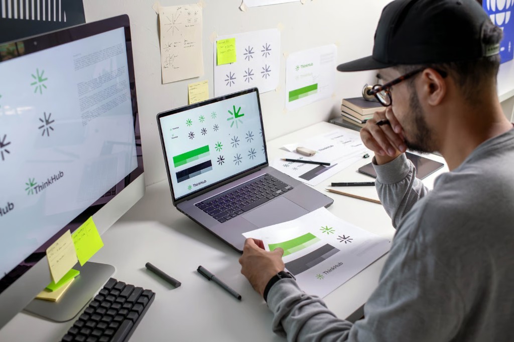 Designer reviewing ThinkHub brand logo concepts at a studio desk